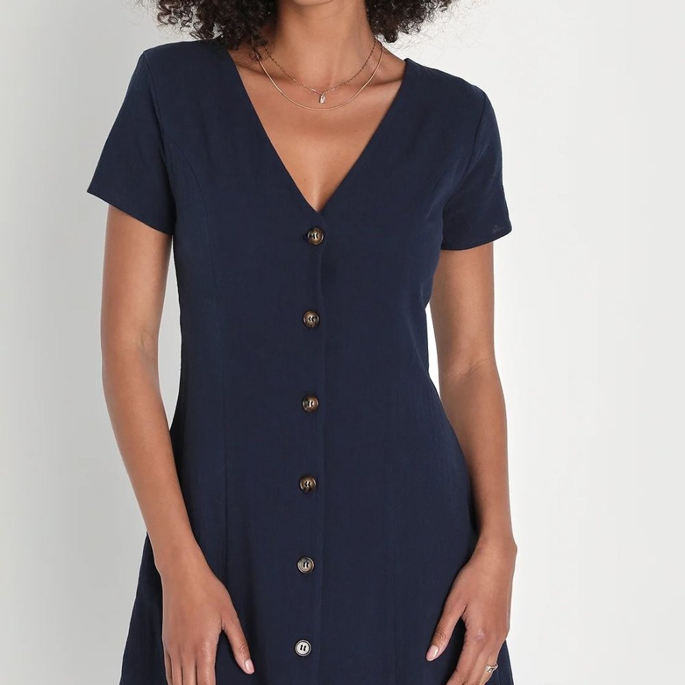Lulu's Everyday Sweetness Navy Button-Up Mini Dress With Pockets